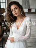 Long Sleeve V Neck Lace Tulle A Line Wedding Dress