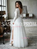 Long Sleeve V Neck Lace Tulle A Line Wedding Dress