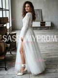 Long Sleeve V Neck Lace Tulle A Line Wedding Dress