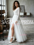 Long Sleeve V Neck Lace Tulle A Line Wedding Dress