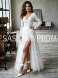 Long Sleeve V Neck Lace Tulle A Line Wedding Dress