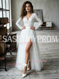 Long Sleeve V Neck Lace Tulle A Line Wedding Dress
