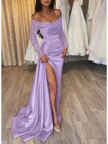 Long Sleeve Off The Shoulder Purple Satin Prom Dress With Slit