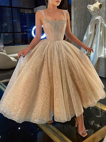 Tea Length Champagne Straps Tulle Prom Dress