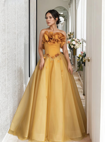 Yellow Off The Shoulder Tulle Flower Prom Dress