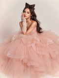 Sweetheart Ruffles Pink Tulle A Line Prom Dress