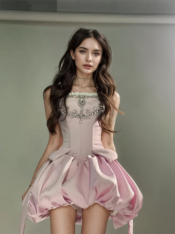 Beading Satin Puffy Pink Strapless Homecoming Dress