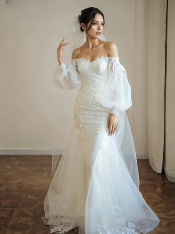 Off The Shoulder Trumpet Mermaid Long Sleeve Appliques Wedding Dress