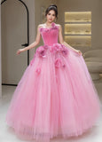 Sweet Pink Strapless Flower Tulel A Line Prom Dress