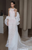 Sheath Column Sequin Halter Puffy Sleeve Wedding Dress