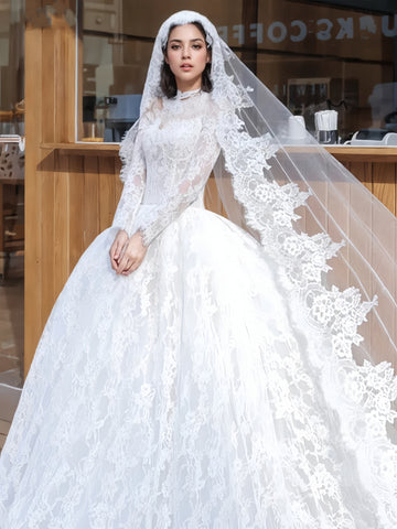 Lace Ball Gown Jewel Long Sleeve Wedding Dress