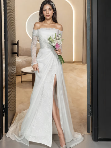 Tulle Long Sleeve Off The Shoulder Wedding Dress With Slit