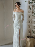 Long Sleeve Appliques Off The Shuolder Wedding Dress With Slit