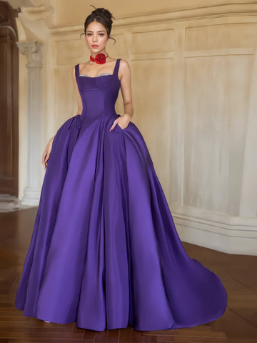 Purple Beading Ball Gown Strapls Satin Prom Dress