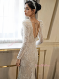 Long Sleeve Square Champange Lace Trumpet Mermaid Wedding Dress