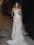 Trumpet Mermaid Satin Strapless Lace Flower Wedding Dress