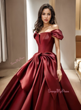 Burgundy Ball Gown Off The Shoulder Bow Prom Dress