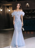 Trumpet Mermaid Flowers Blue Off The Shoulder Sequin Prom Dress