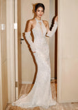 Trumpet Mermaid Long Sleeves Halter Sequin Tulle Wedding Dress