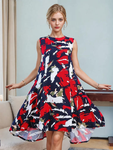 Red and Blue Pattern High-Low Hemline Dress