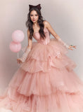 Sweetheart Ruffles Pink Tulle A Line Prom Dress