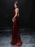 A Line Burgundy Sequin Beading Prom Dress