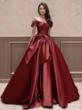 Burgundy Ball Gown Off The Shoulder Bow Prom Dress