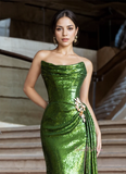 Sequin Sheath Column Green Strapless Prom Dress With Slit