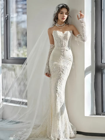 Appliques Long Sleeve Trumpet Mermaid Sweetheart Lace Wedding Dress