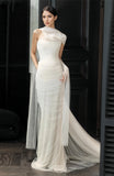 Ruched Trumpet Mermaid Simple Tulle Strapeless Wedding Dress