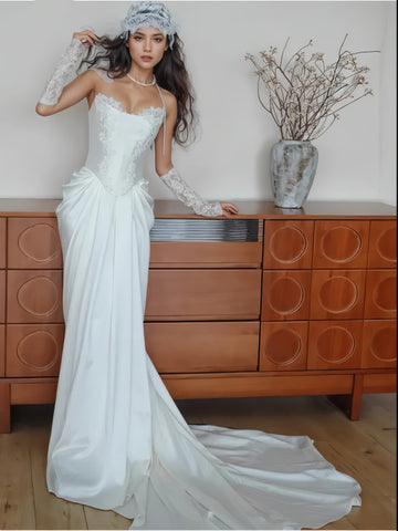 Appliques Strapless Ruched Satin Trumpet Meramid Wedding Dress