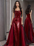 Tie Shoulder A Line Sequin Burgundy Straps Prom Dress With Train