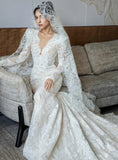 V Neck Lace Trumpet Mermaid Long Sleeve Wedding Dress