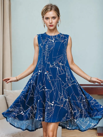 Bold Blue Print Elegant Sleeveless Dress