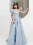 Blue Satin Beading Square Neck A Line Puffy Sleeve Prom Dress