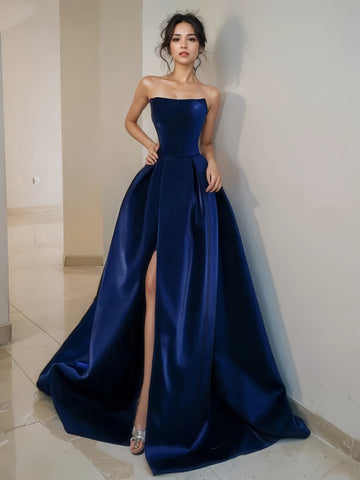 A Line Strapless Blue Prom Dress WIth Slit