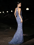 Blue Trumpet Mermaid V Neck Sequin Prom Dress