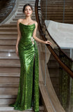 Sequin Sheath Column Green Strapless Prom Dress With Slit