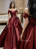 Burgundy Ball Gown Off The Shoulder Bow Prom Dress