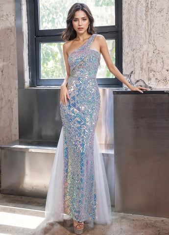 Trumpet Mermaid Sequin Spakle Tulle One Shoulder Prom Dress