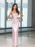 Pink Sheer Waist Satin A Line Flower Prom Dress