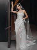 Trumpet Mermaid Satin Strapless Lace Flower Wedding Dress