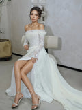 Long Sleeve Appliques Off The Shuolder Wedding Dress With Slit