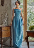 Blue Sheath Column Satin Ankle Length Prom Dress