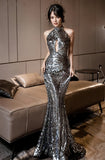 Cut Out Trumpet Mermaid Sequin Backless Halter Prom Dress