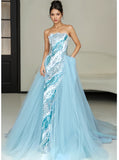 Blue Sheath Sequin Detachable Trian Strapless Prom Dress