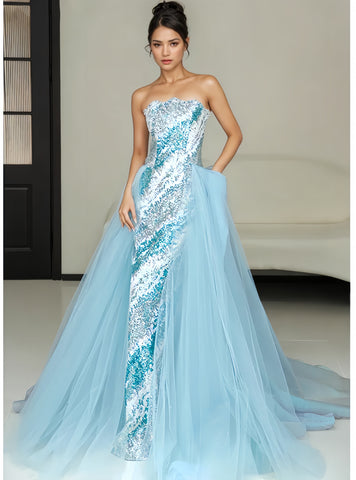 Blue Sheath Sequin Detachable Trian Strapless Prom Dress