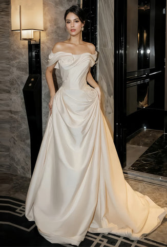 Saitn Ruched A Line Off The Shoulder Wedding Dress