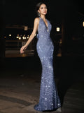 Blue Trumpet Mermaid V Neck Sequin Prom Dress