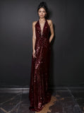 A Line Burgundy Sequin Beading Prom Dress